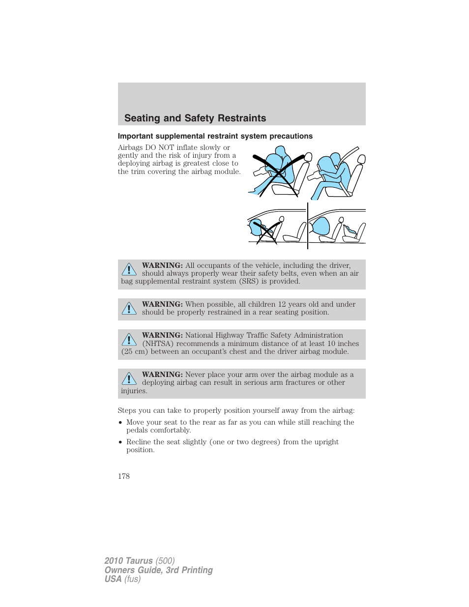 Seating and safety restraints | FORD 2010 Taurus v.3 User Manual | Page 178 / 388