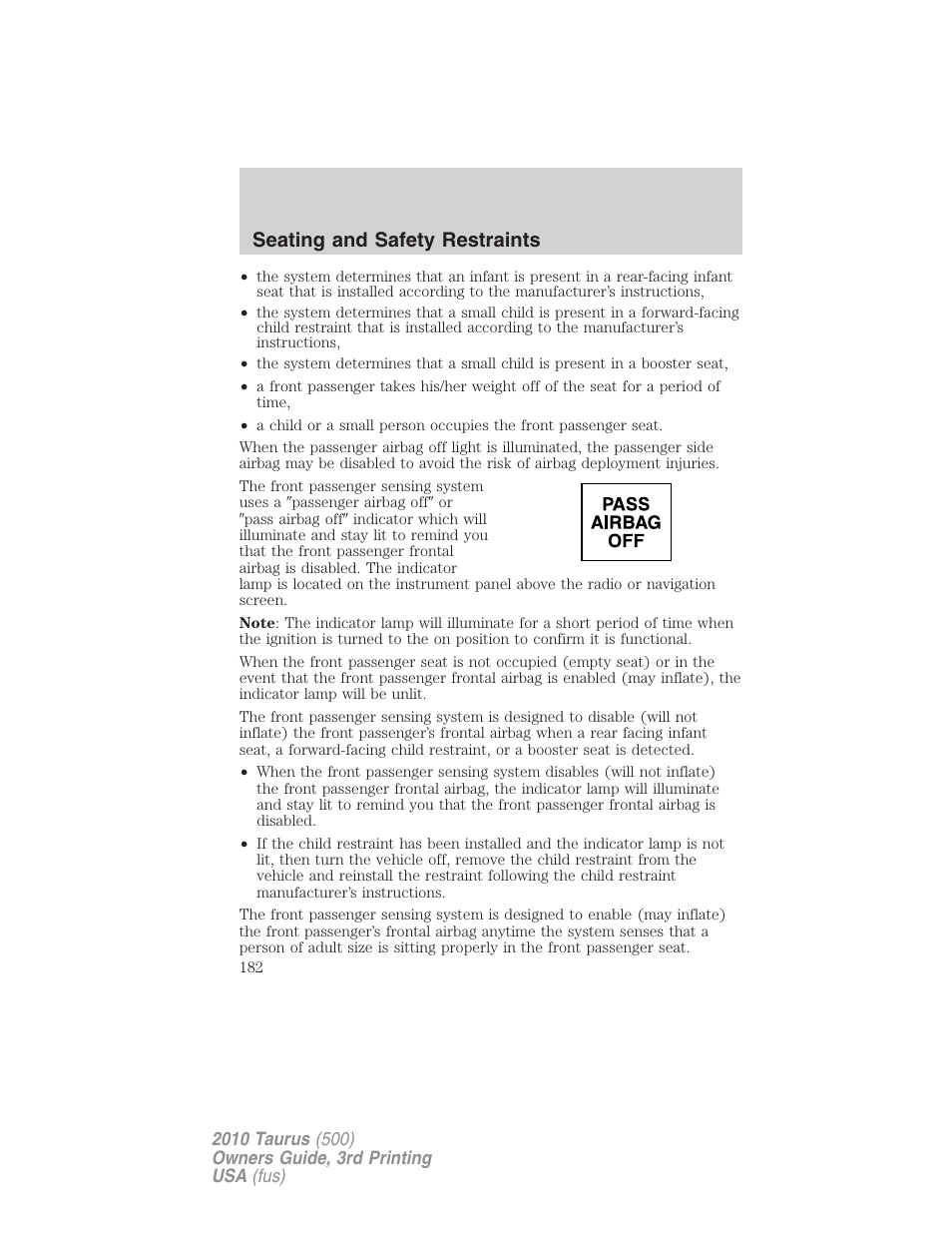 Seating and safety restraints | FORD 2010 Taurus v.3 User Manual | Page 182 / 388