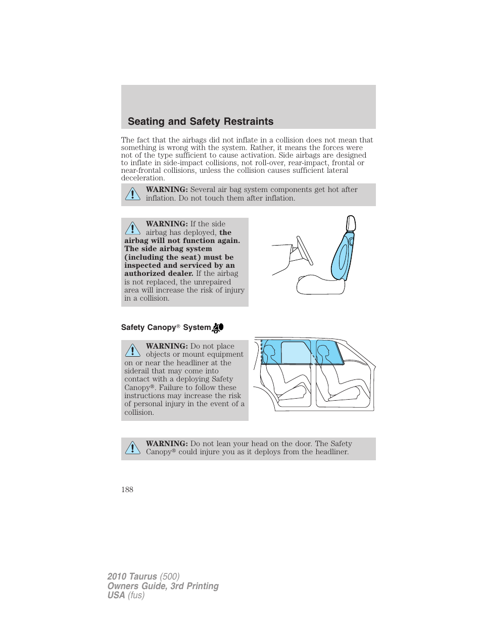 Safety canopy system, Seating and safety restraints | FORD 2010 Taurus v.3 User Manual | Page 188 / 388