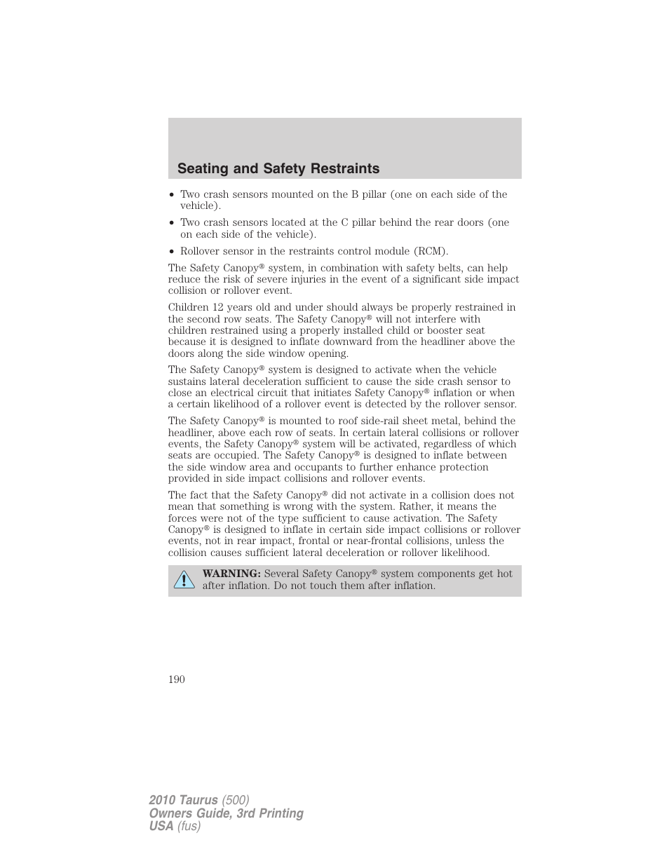 Seating and safety restraints | FORD 2010 Taurus v.3 User Manual | Page 190 / 388