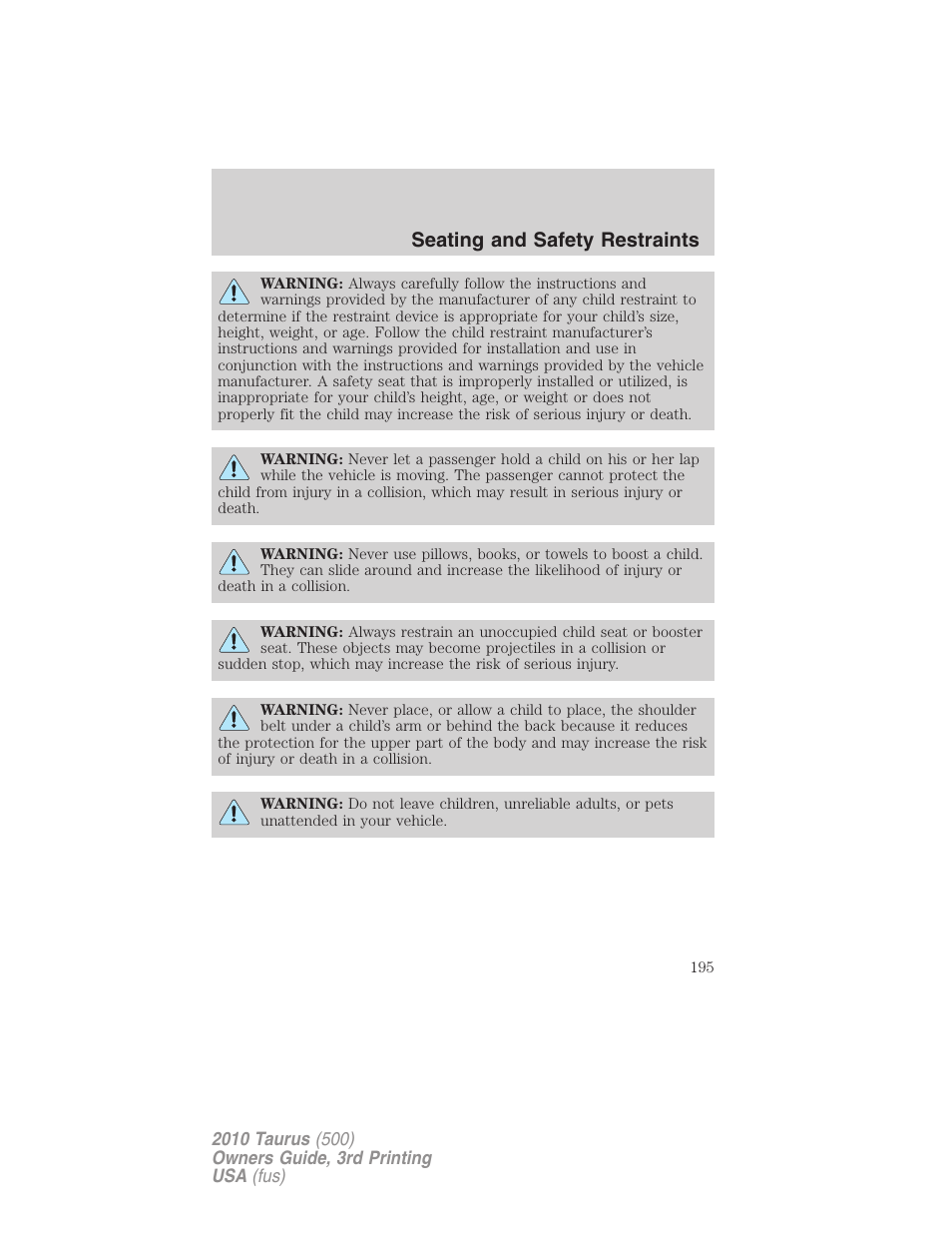 Seating and safety restraints | FORD 2010 Taurus v.3 User Manual | Page 195 / 388