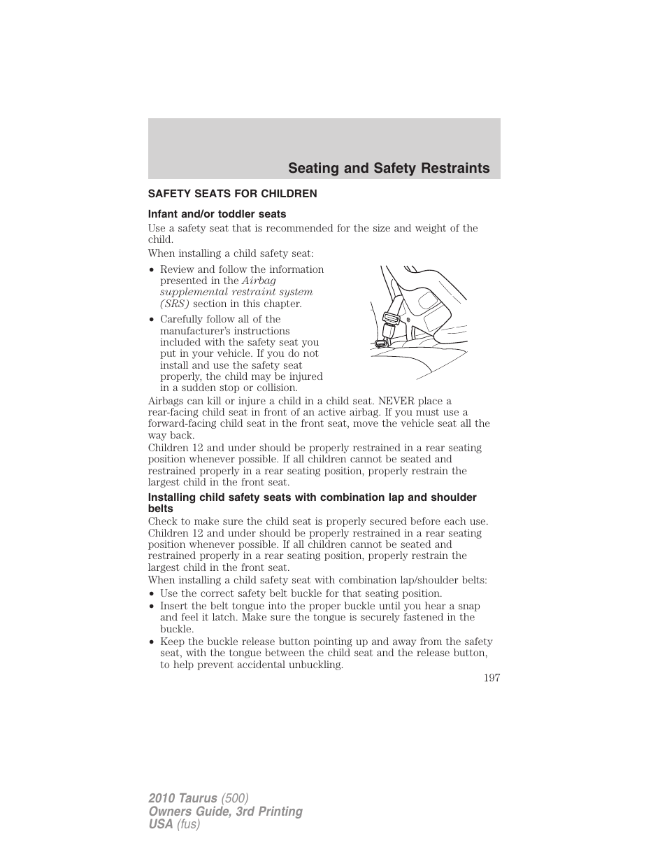 Safety seats for children, Infant and/or toddler seats, Seating and safety restraints | FORD 2010 Taurus v.3 User Manual | Page 197 / 388