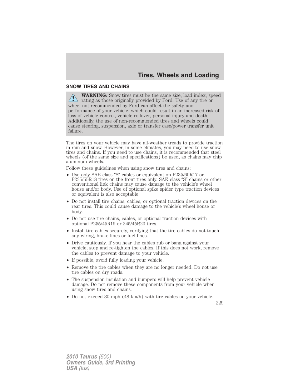 Snow tires and chains, Tires, wheels and loading | FORD 2010 Taurus v.3 User Manual | Page 229 / 388