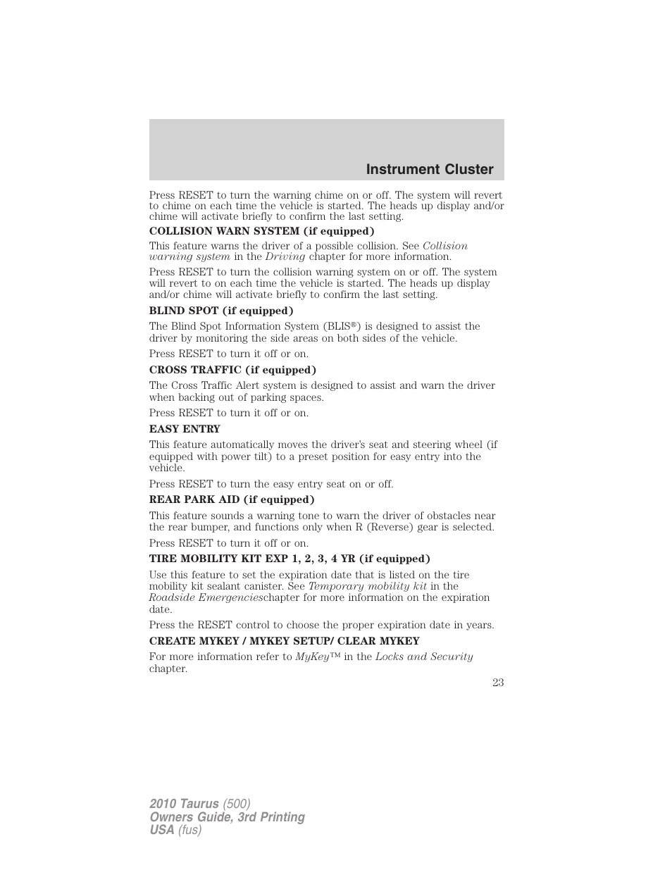 Instrument cluster | FORD 2010 Taurus v.3 User Manual | Page 23 / 388