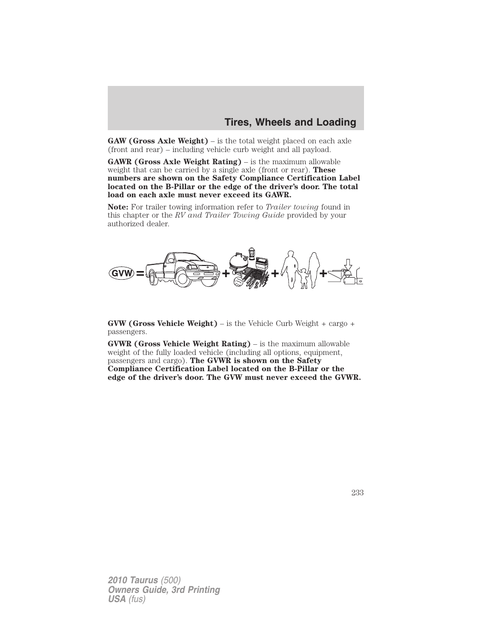 Tires, wheels and loading | FORD 2010 Taurus v.3 User Manual | Page 233 / 388