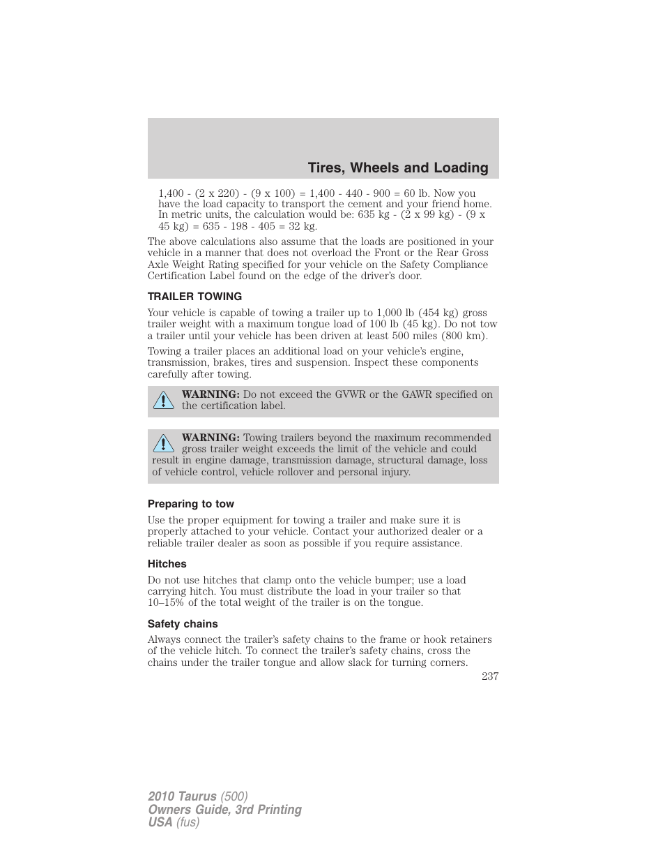 Trailer towing, Preparing to tow, Hitches | Safety chains, Tires, wheels and loading | FORD 2010 Taurus v.3 User Manual | Page 237 / 388