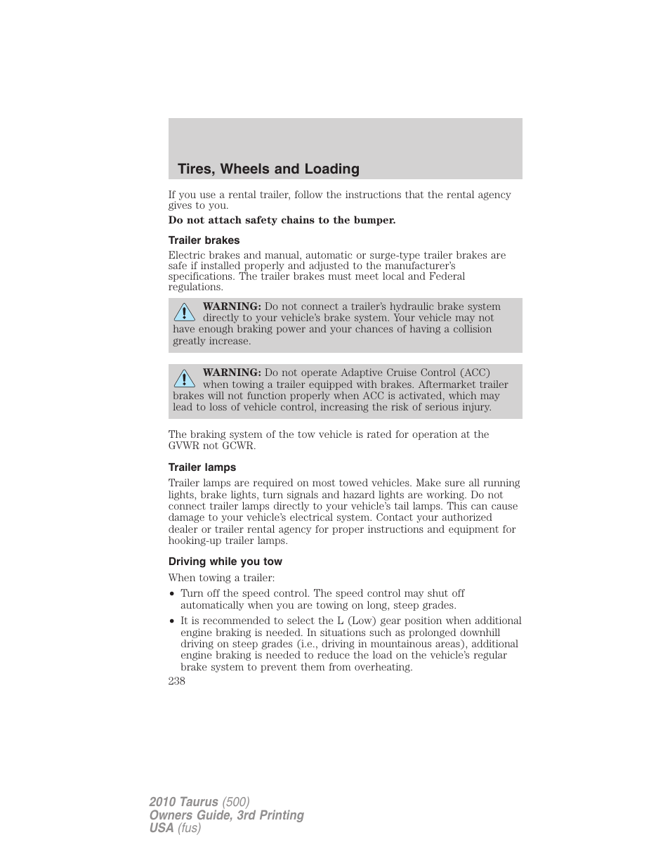 Trailer brakes, Trailer lamps, Driving while you tow | Tires, wheels and loading | FORD 2010 Taurus v.3 User Manual | Page 238 / 388