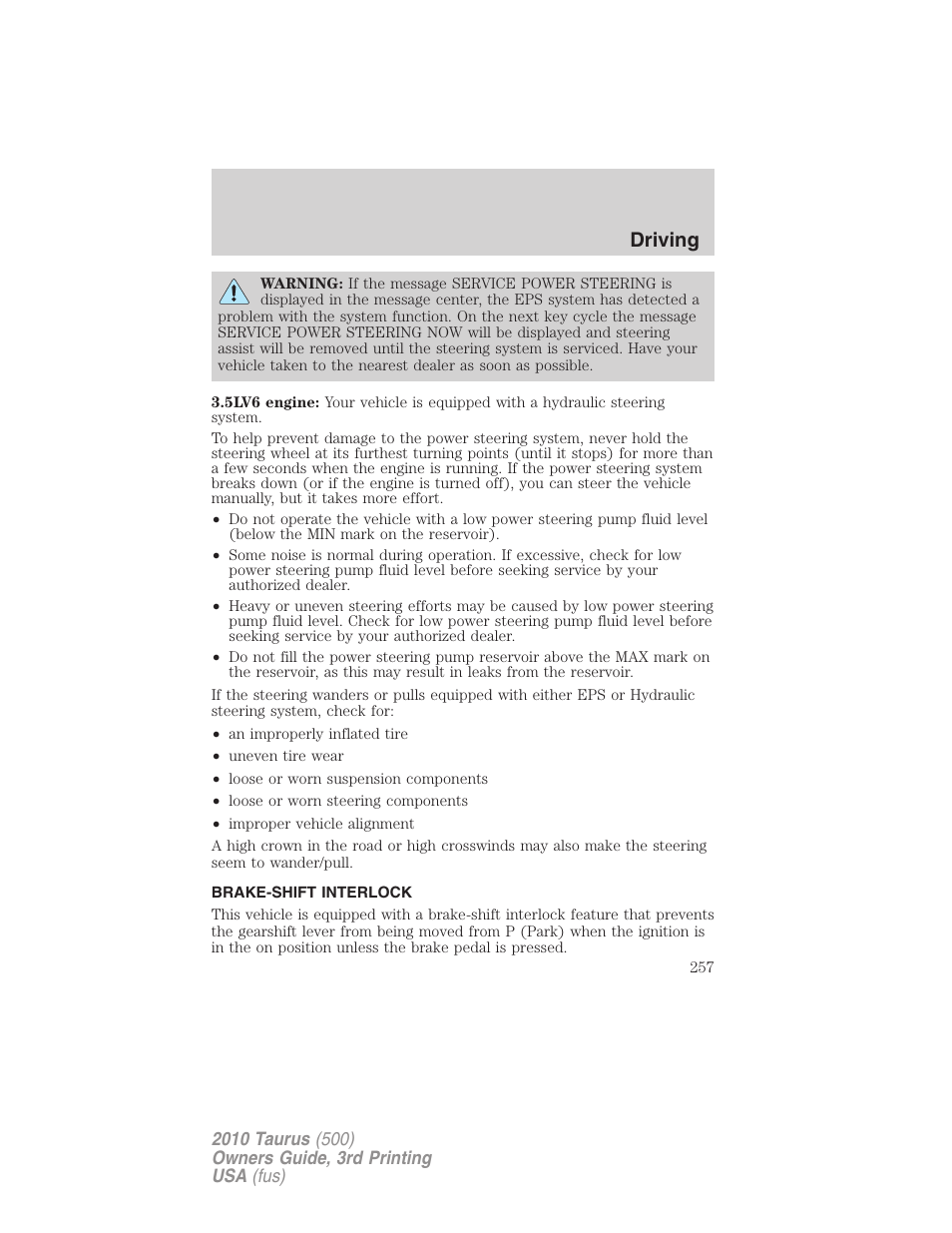 Brake-shift interlock, Driving | FORD 2010 Taurus v.3 User Manual | Page 257 / 388