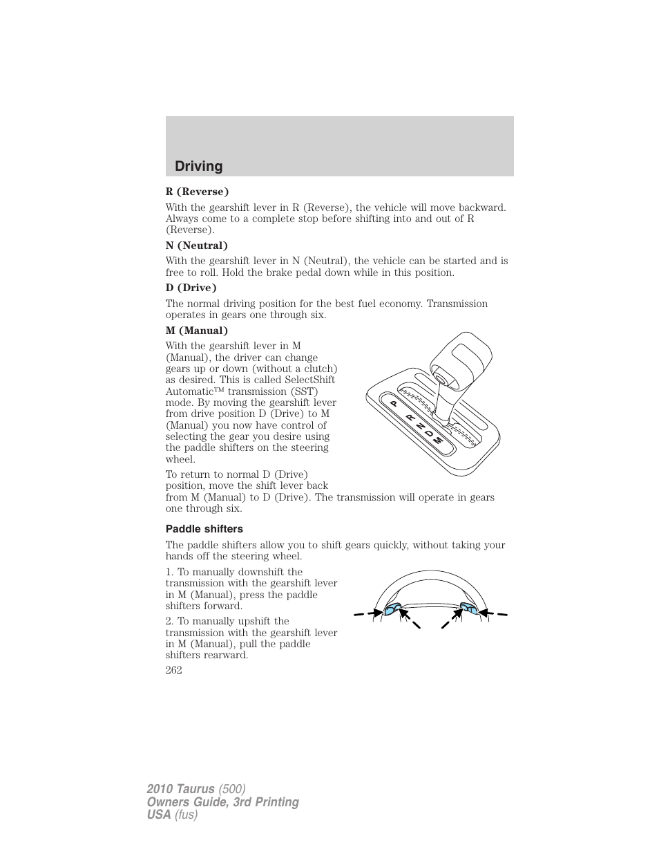 Paddle shifters, Driving | FORD 2010 Taurus v.3 User Manual | Page 262 / 388