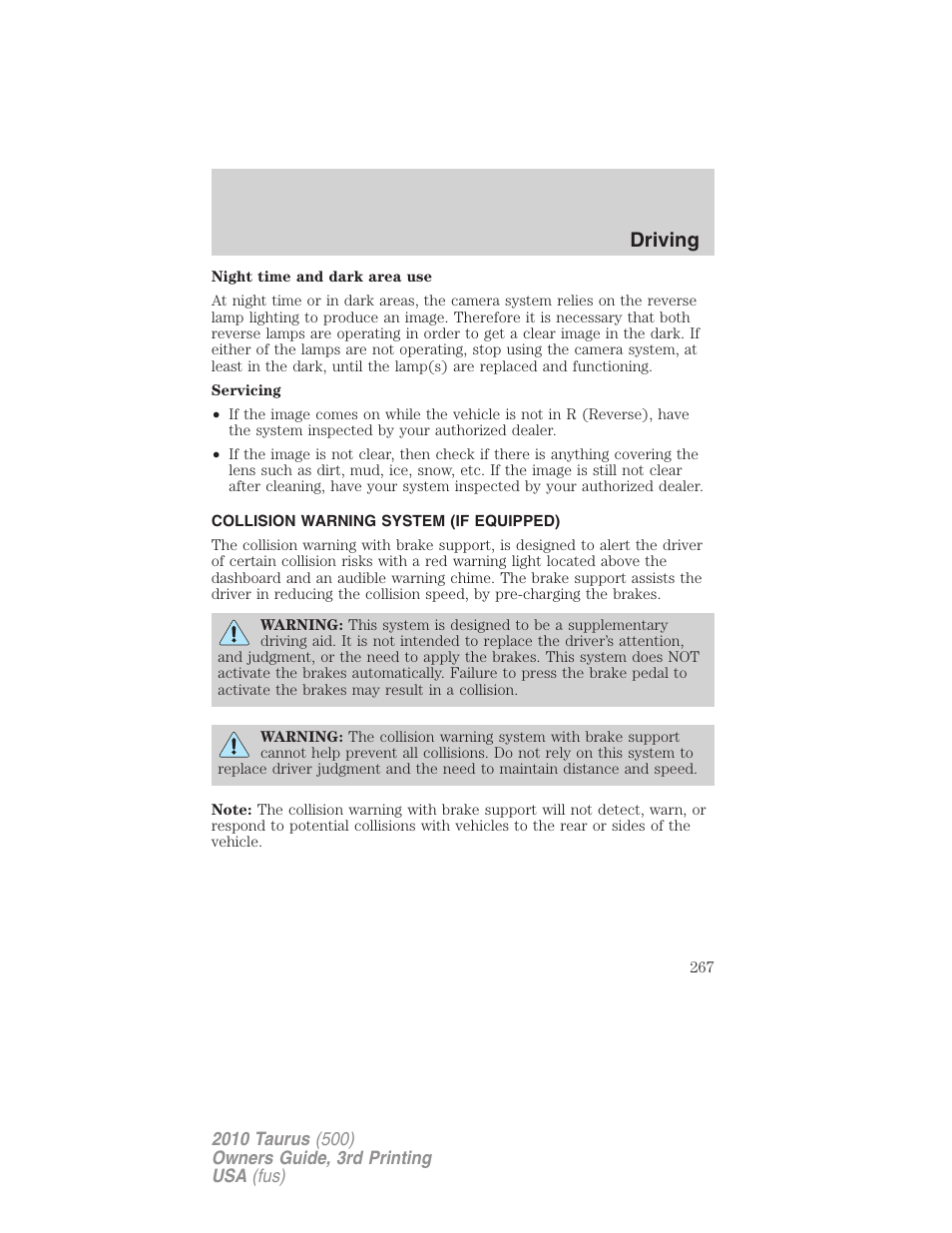 Collision warning system (if equipped), Driving | FORD 2010 Taurus v.3 User Manual | Page 267 / 388