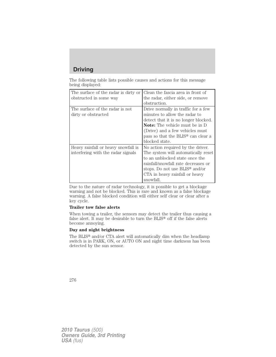 Driving | FORD 2010 Taurus v.3 User Manual | Page 276 / 388