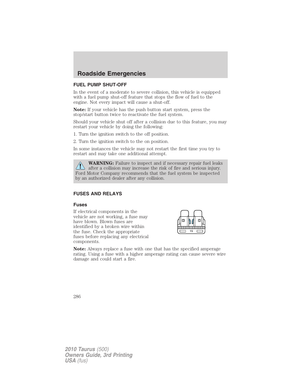 Fuel pump shut-off, Fuses and relays, Fuses | Roadside emergencies | FORD 2010 Taurus v.3 User Manual | Page 286 / 388