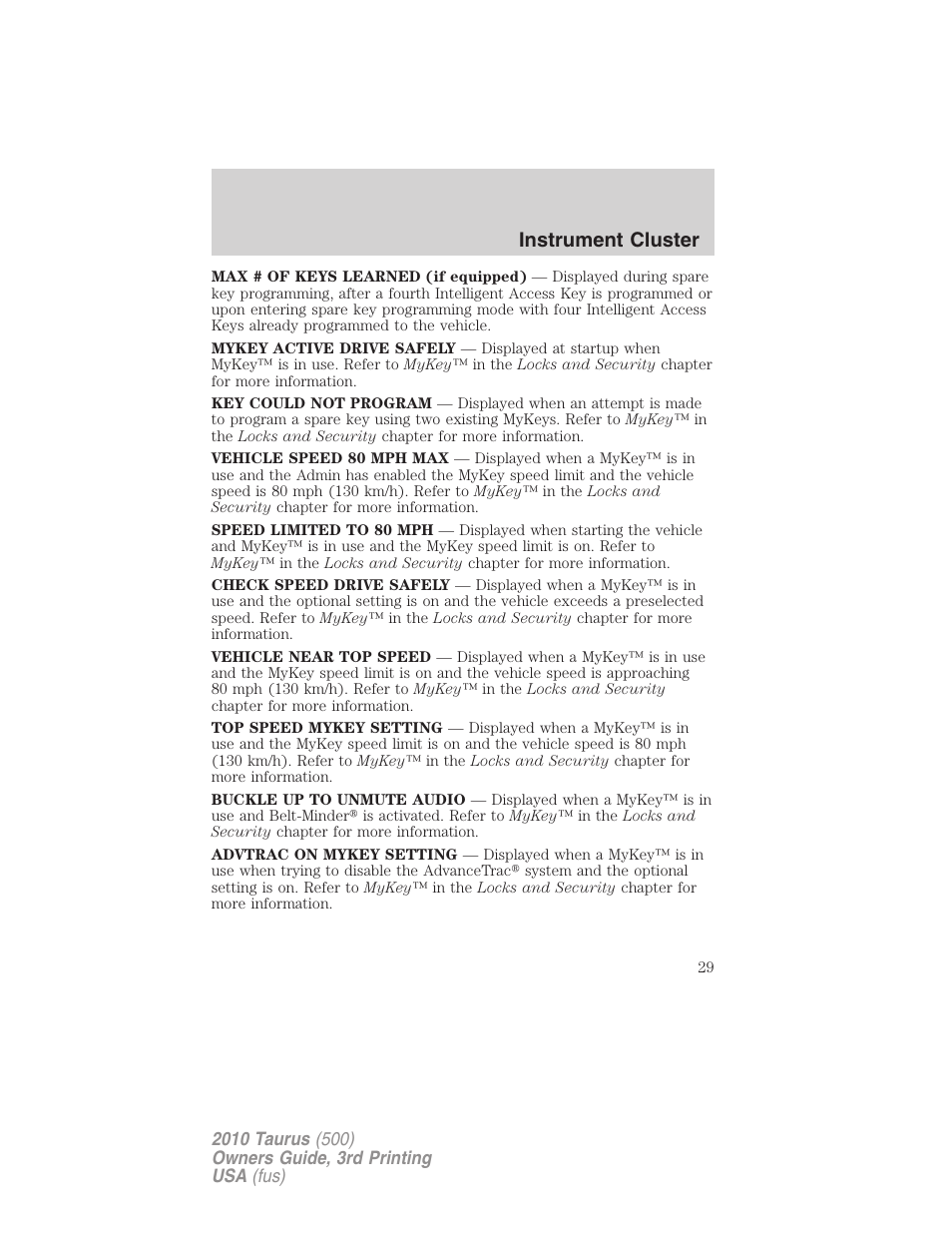 Instrument cluster | FORD 2010 Taurus v.3 User Manual | Page 29 / 388