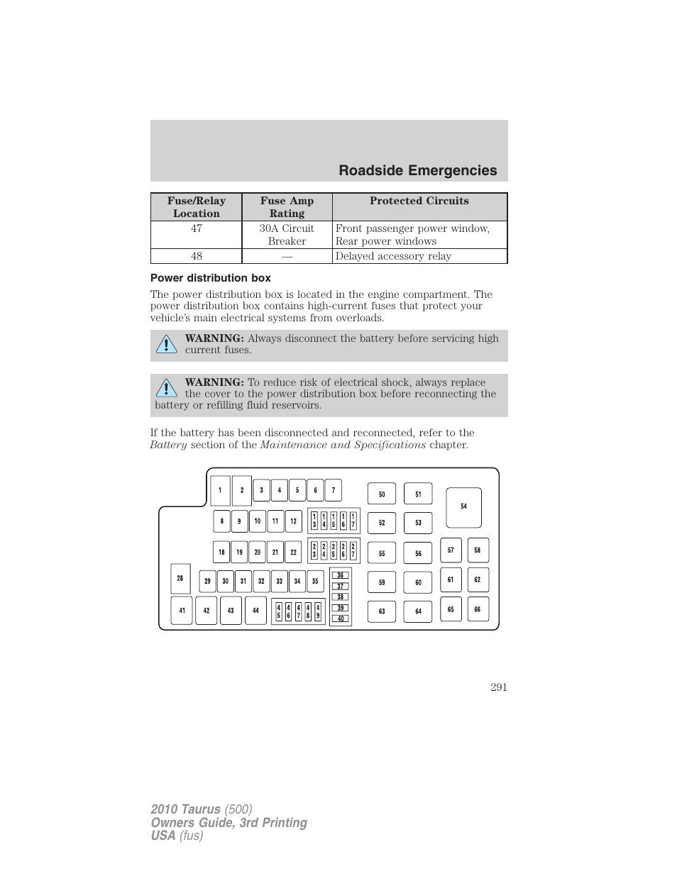 Power distribution box, Roadside emergencies | FORD 2010 Taurus v.3 User Manual | Page 291 / 388