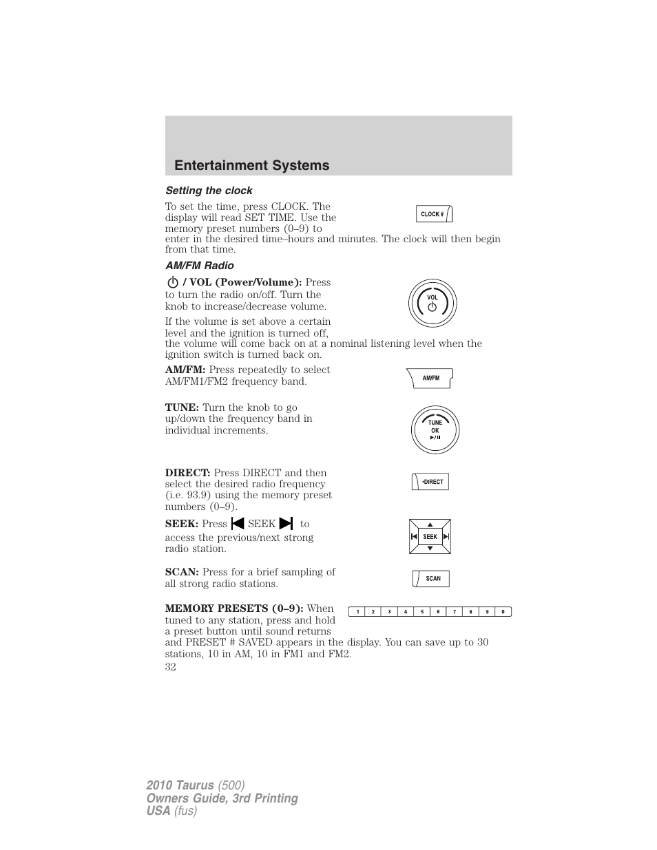 Setting the clock, Am/fm radio, Entertainment systems | FORD 2010 Taurus v.3 User Manual | Page 32 / 388