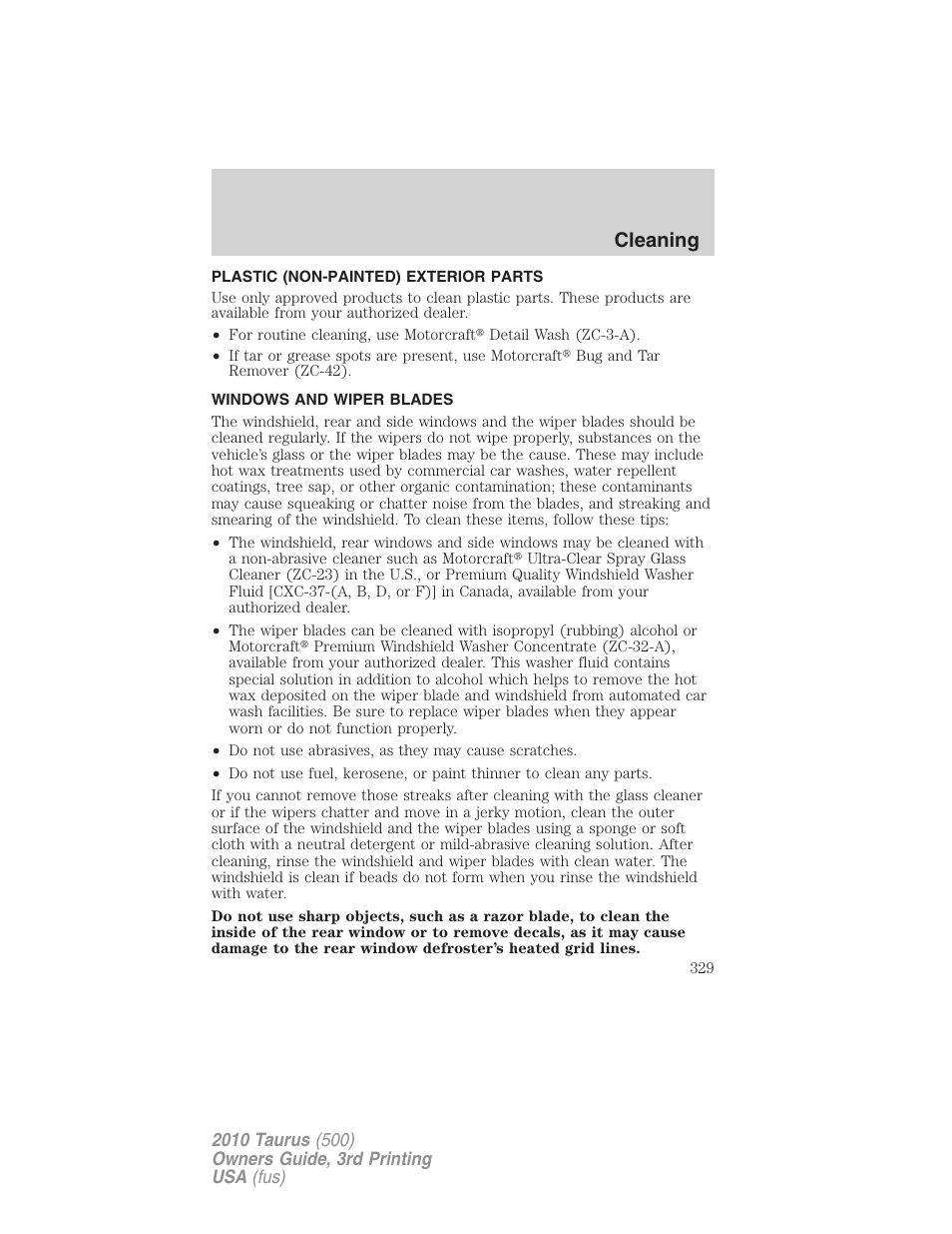 Plastic (non-painted) exterior parts, Windows and wiper blades, Cleaning | FORD 2010 Taurus v.3 User Manual | Page 329 / 388