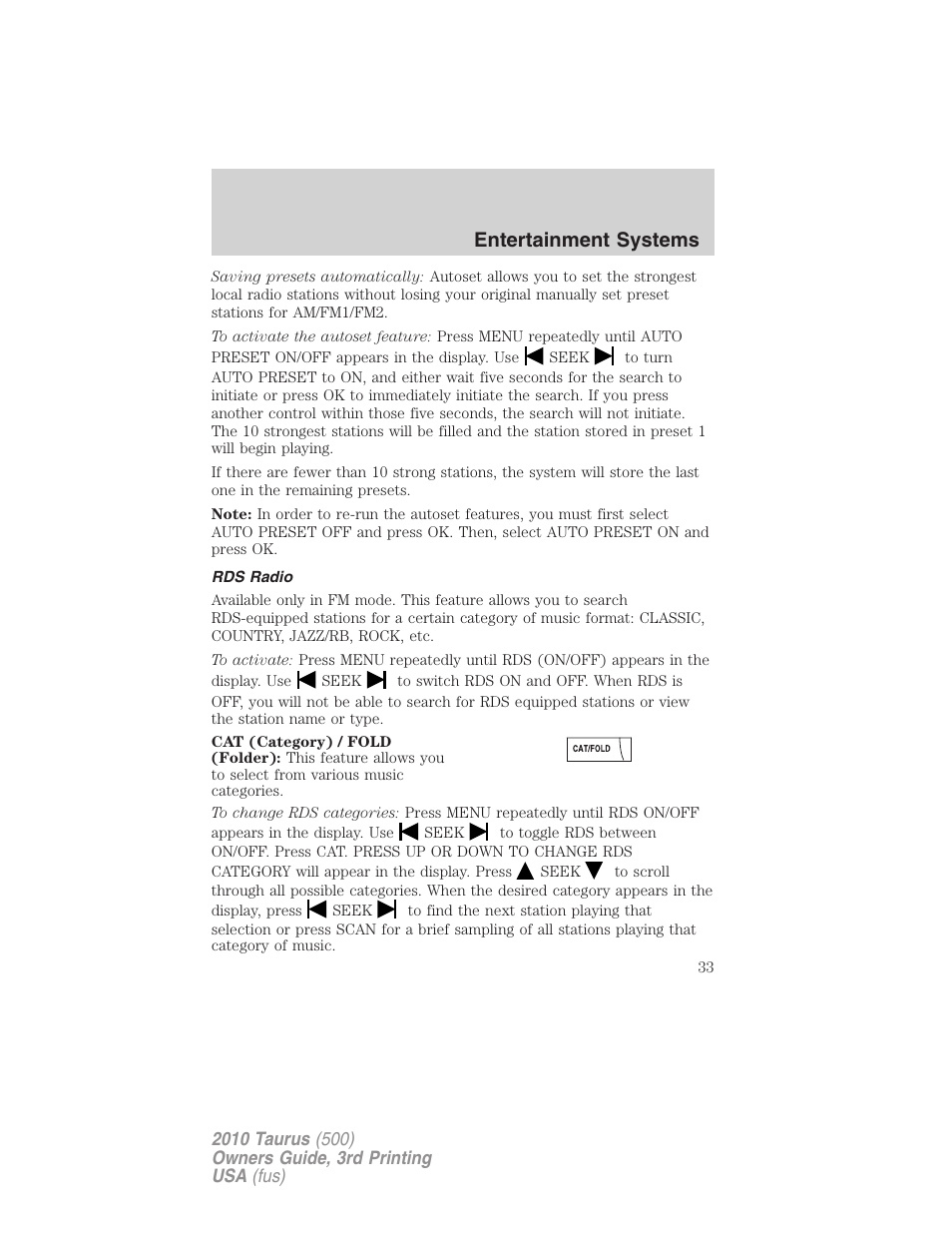 Rds radio, Entertainment systems | FORD 2010 Taurus v.3 User Manual | Page 33 / 388