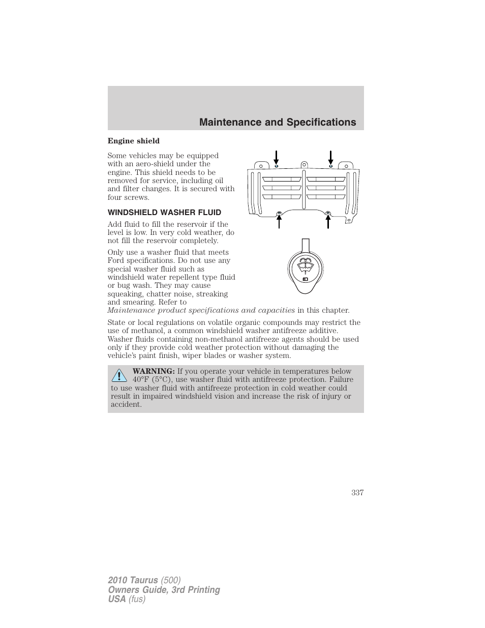 Windshield washer fluid, Maintenance and specifications | FORD 2010 Taurus v.3 User Manual | Page 337 / 388