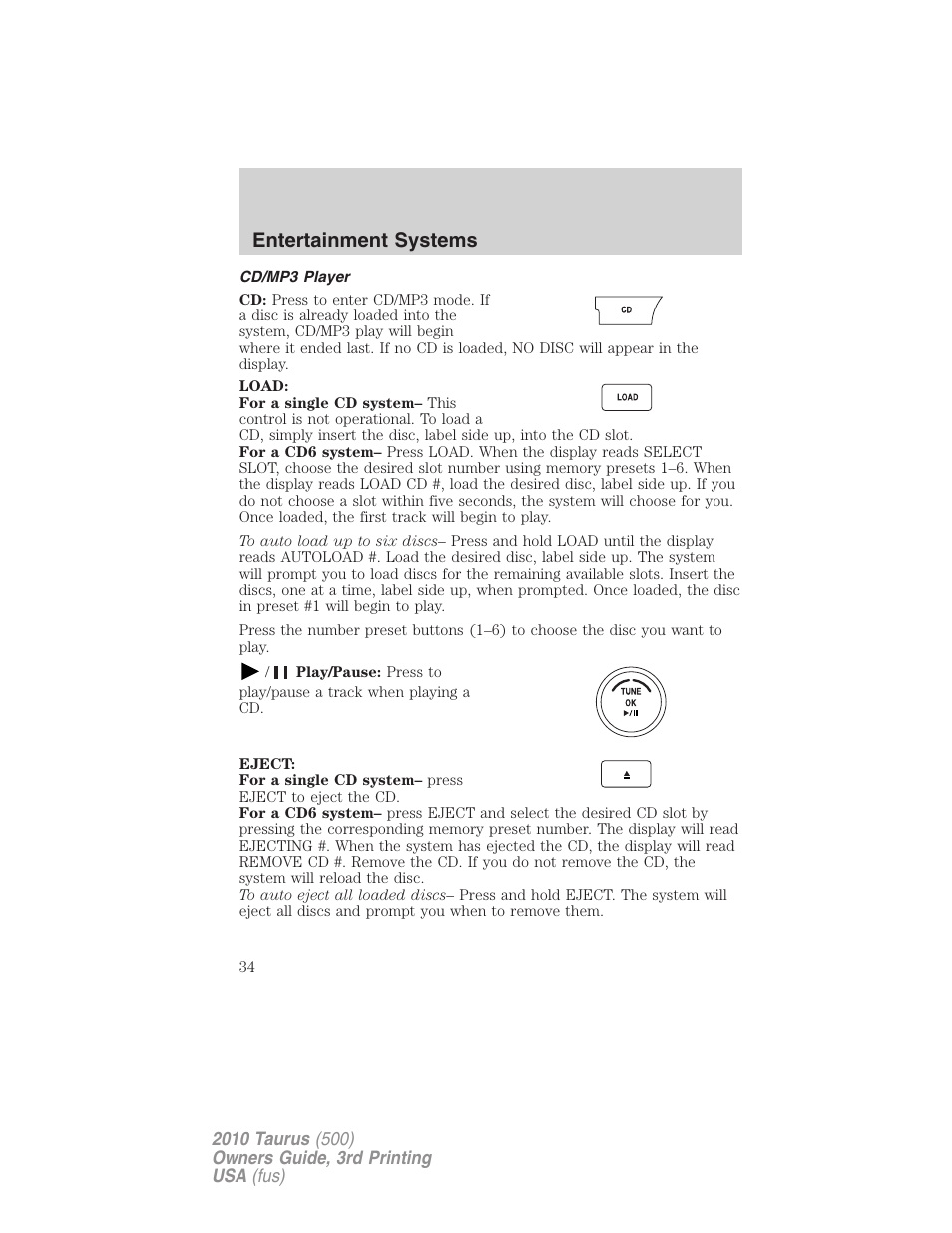 Cd/mp3 player, Entertainment systems | FORD 2010 Taurus v.3 User Manual | Page 34 / 388