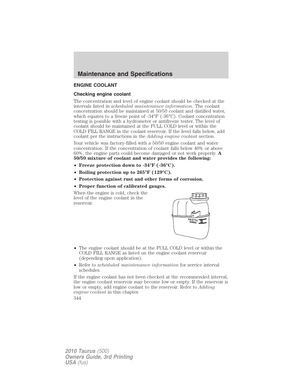 Engine coolant, Checking engine coolant, Maintenance and specifications | FORD 2010 Taurus v.3 User Manual | Page 344 / 388