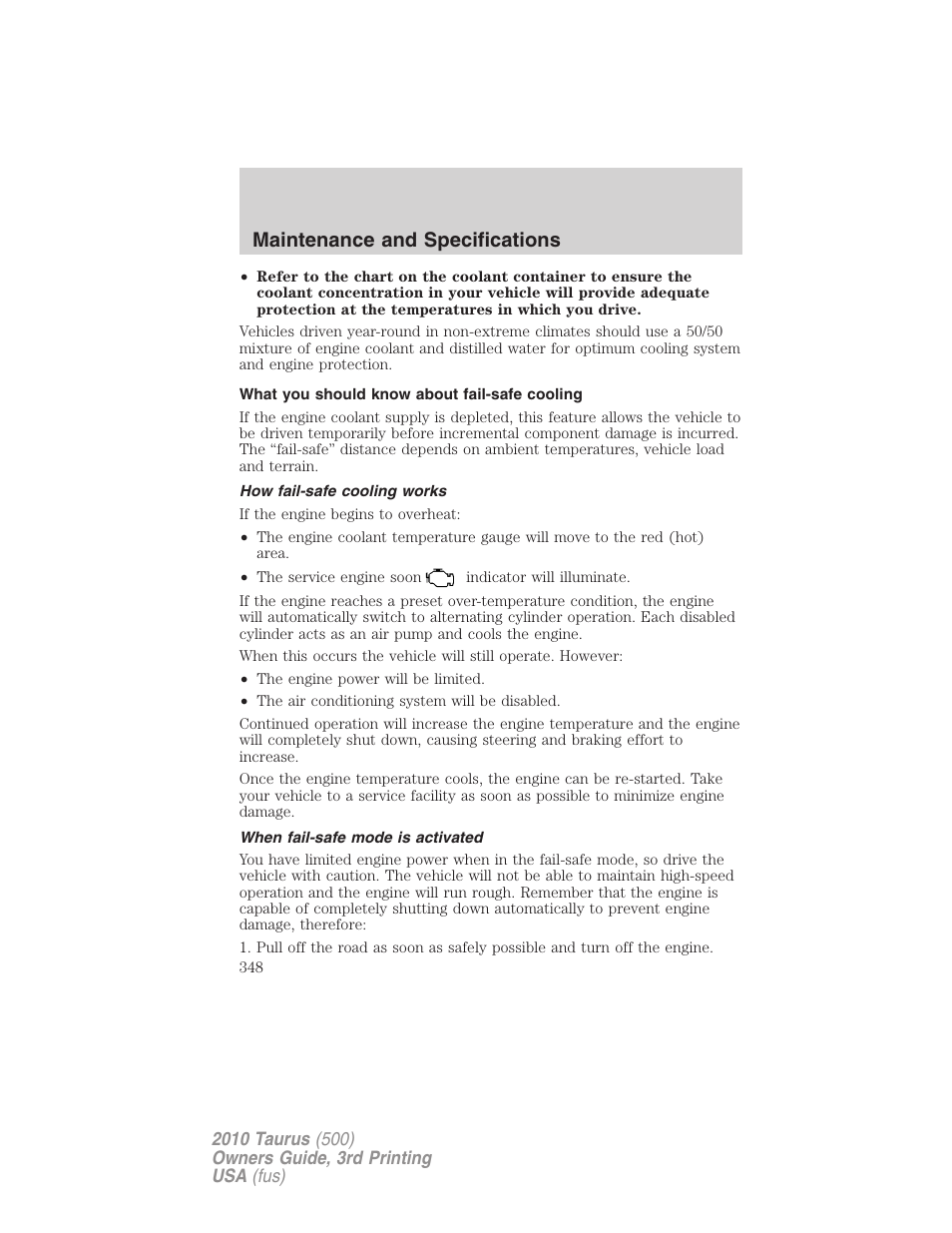 What you should know about fail-safe cooling, How fail-safe cooling works, When fail-safe mode is activated | Maintenance and specifications | FORD 2010 Taurus v.3 User Manual | Page 348 / 388