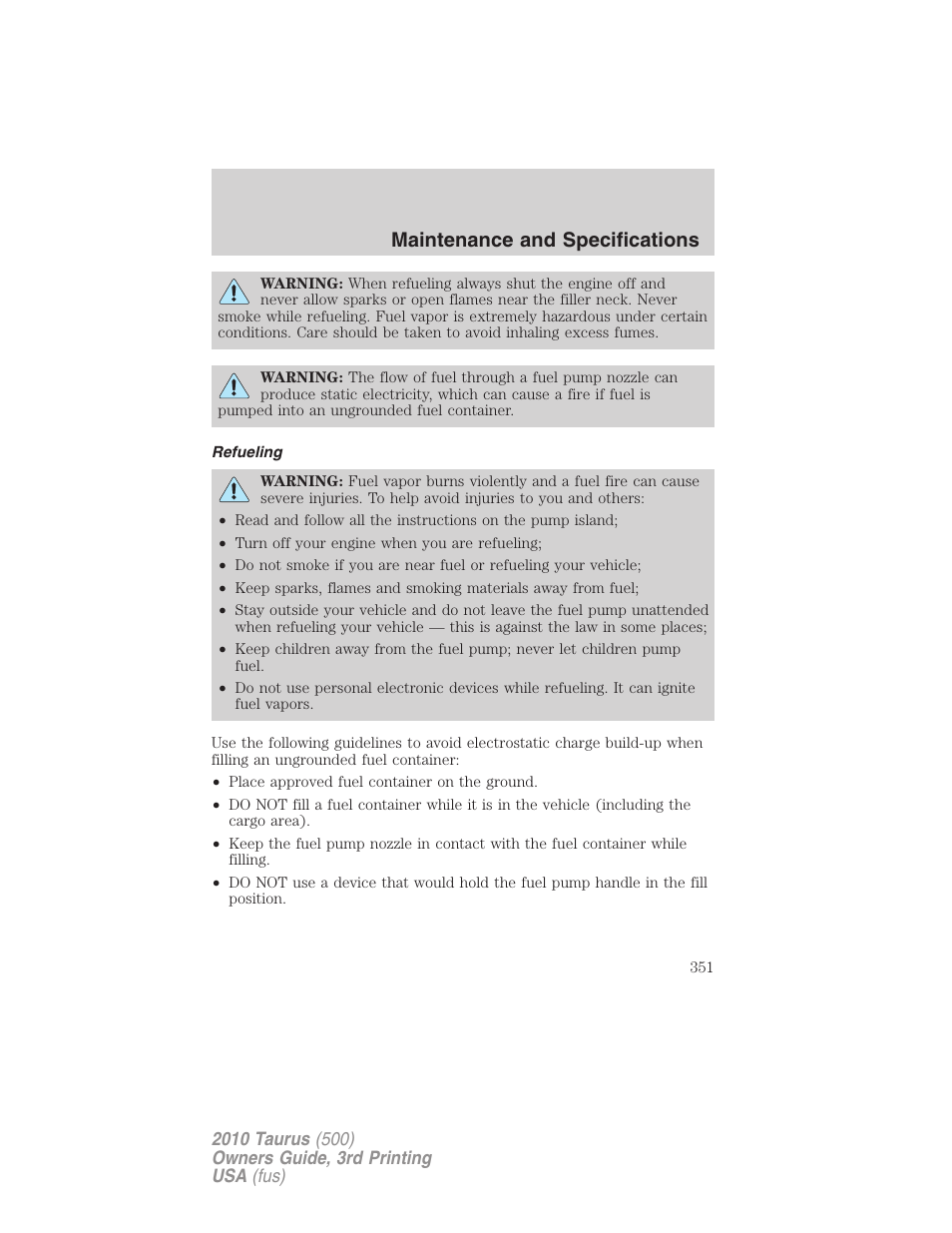 Refueling, Maintenance and specifications | FORD 2010 Taurus v.3 User Manual | Page 351 / 388