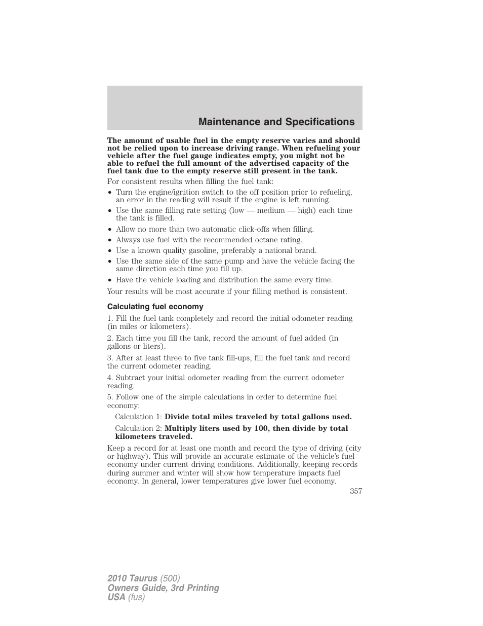 Calculating fuel economy, Maintenance and specifications | FORD 2010 Taurus v.3 User Manual | Page 357 / 388