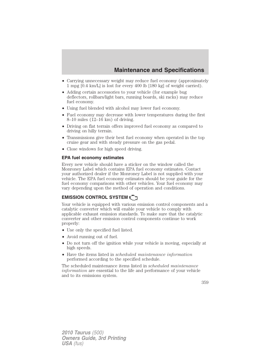 Epa fuel economy estimates, Emission control system, Maintenance and specifications | FORD 2010 Taurus v.3 User Manual | Page 359 / 388