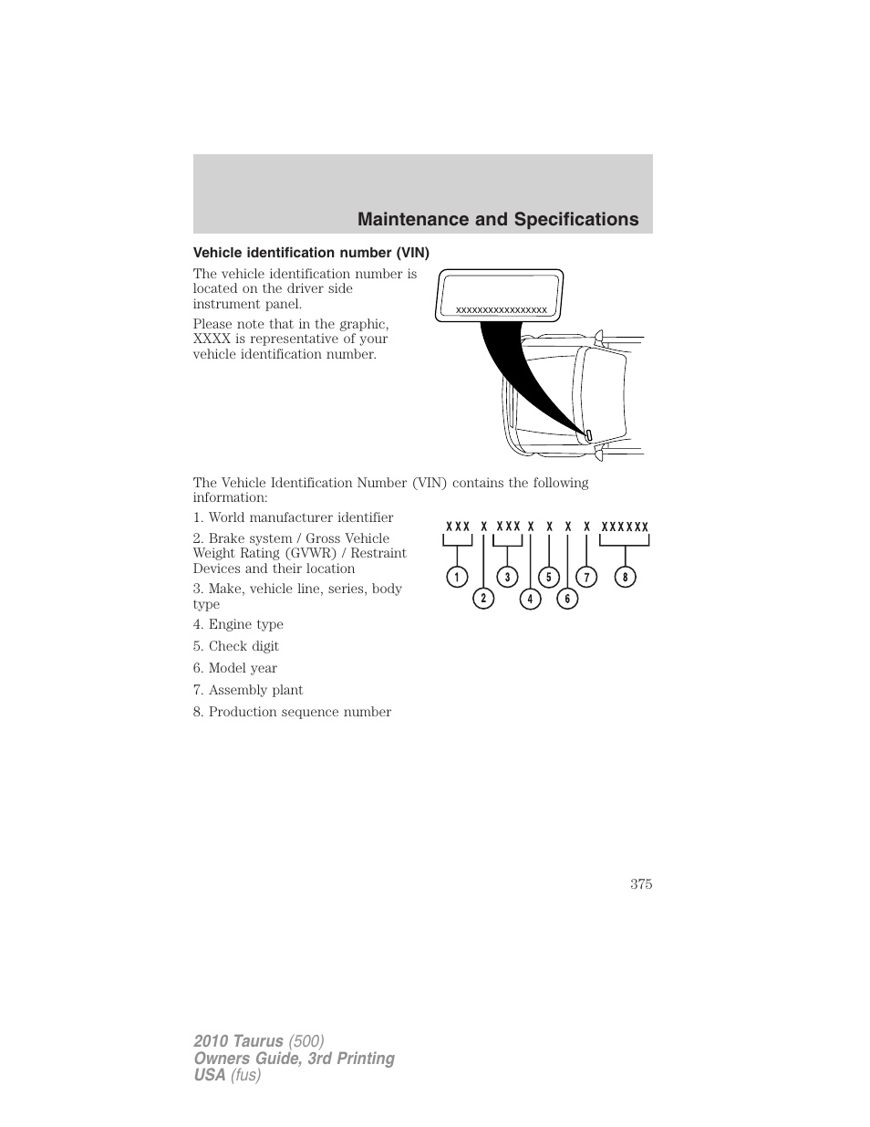 Vehicle identification number (vin), Maintenance and specifications | FORD 2010 Taurus v.3 User Manual | Page 375 / 388