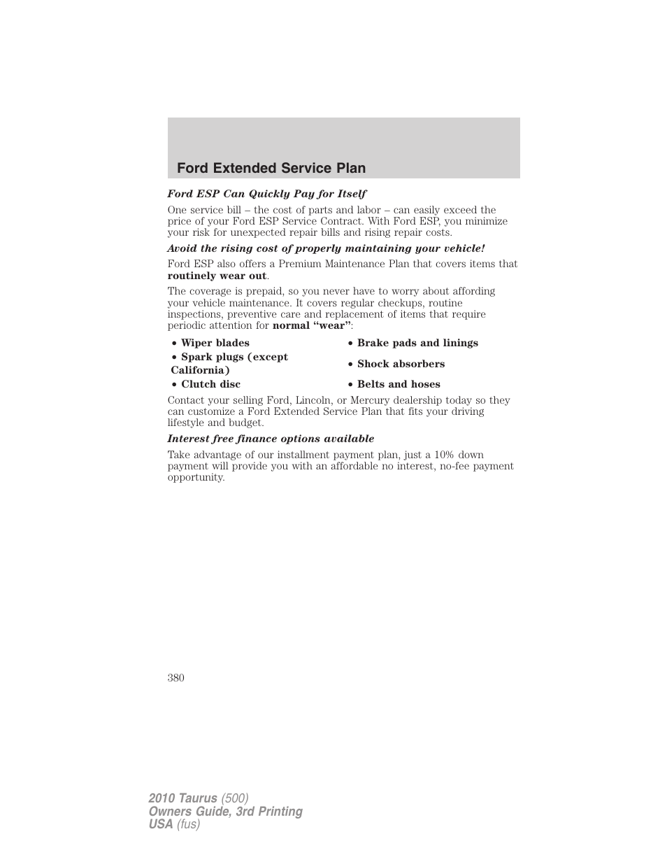 Ford extended service plan | FORD 2010 Taurus v.3 User Manual | Page 380 / 388