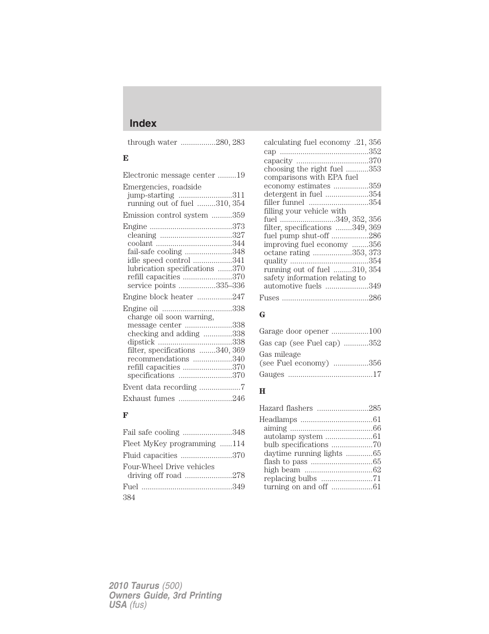 Index | FORD 2010 Taurus v.3 User Manual | Page 384 / 388