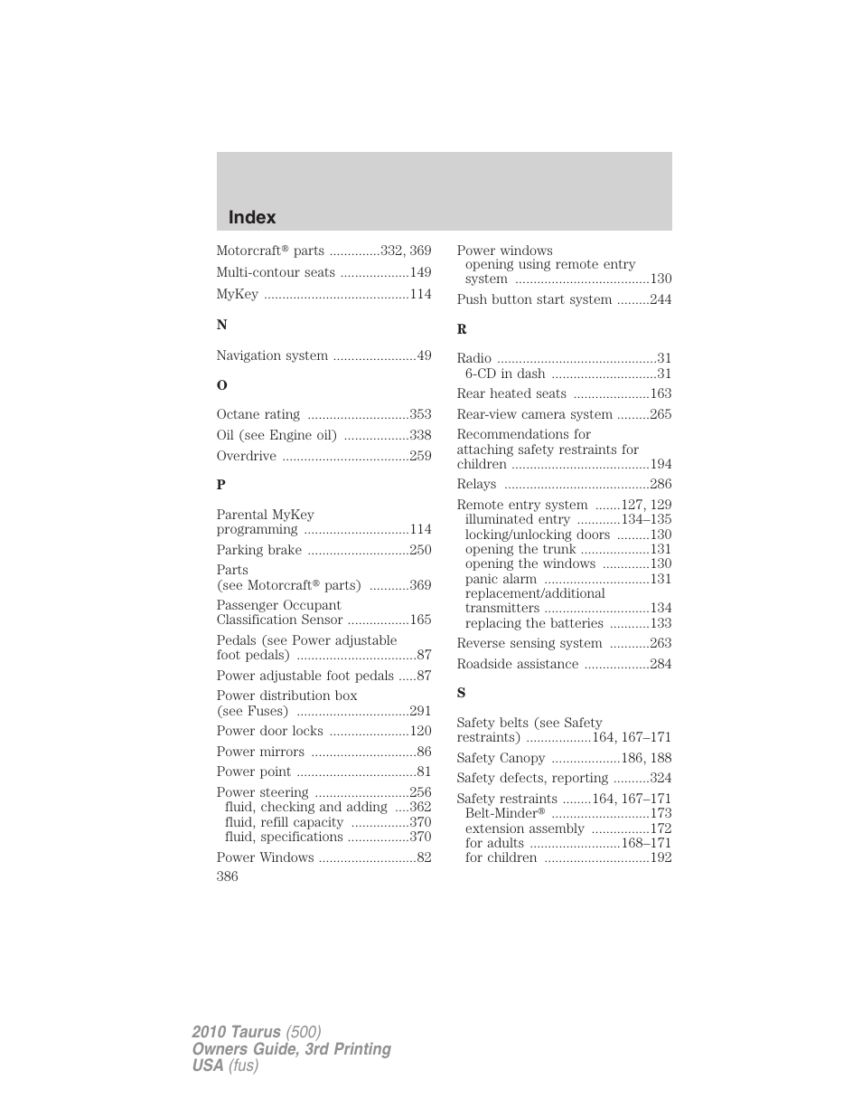 Index | FORD 2010 Taurus v.3 User Manual | Page 386 / 388