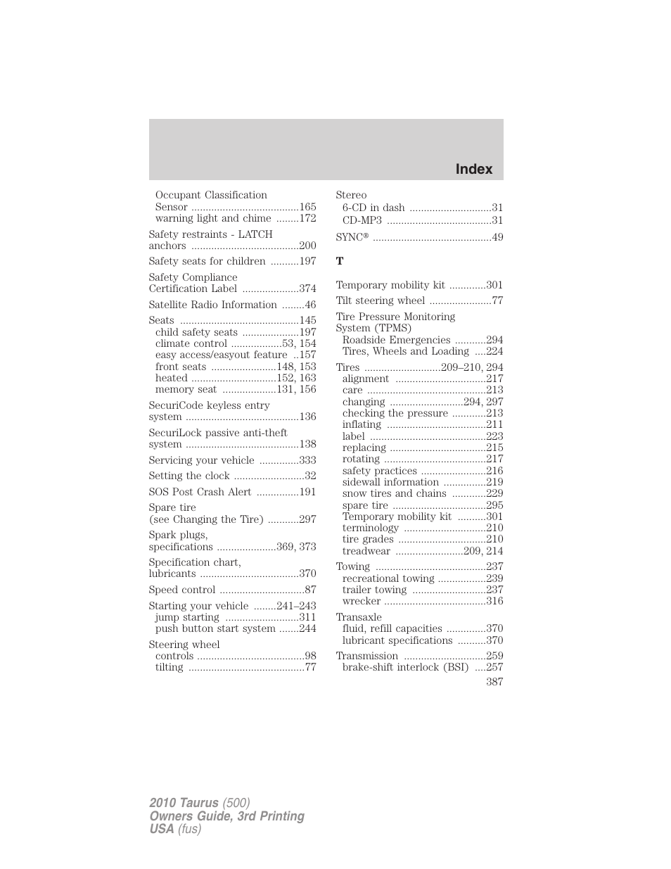 Index | FORD 2010 Taurus v.3 User Manual | Page 387 / 388