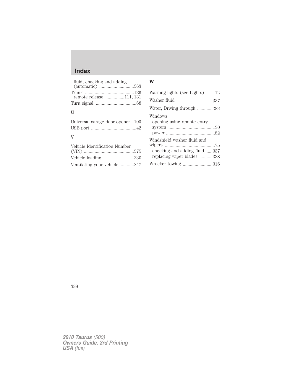 Index | FORD 2010 Taurus v.3 User Manual | Page 388 / 388