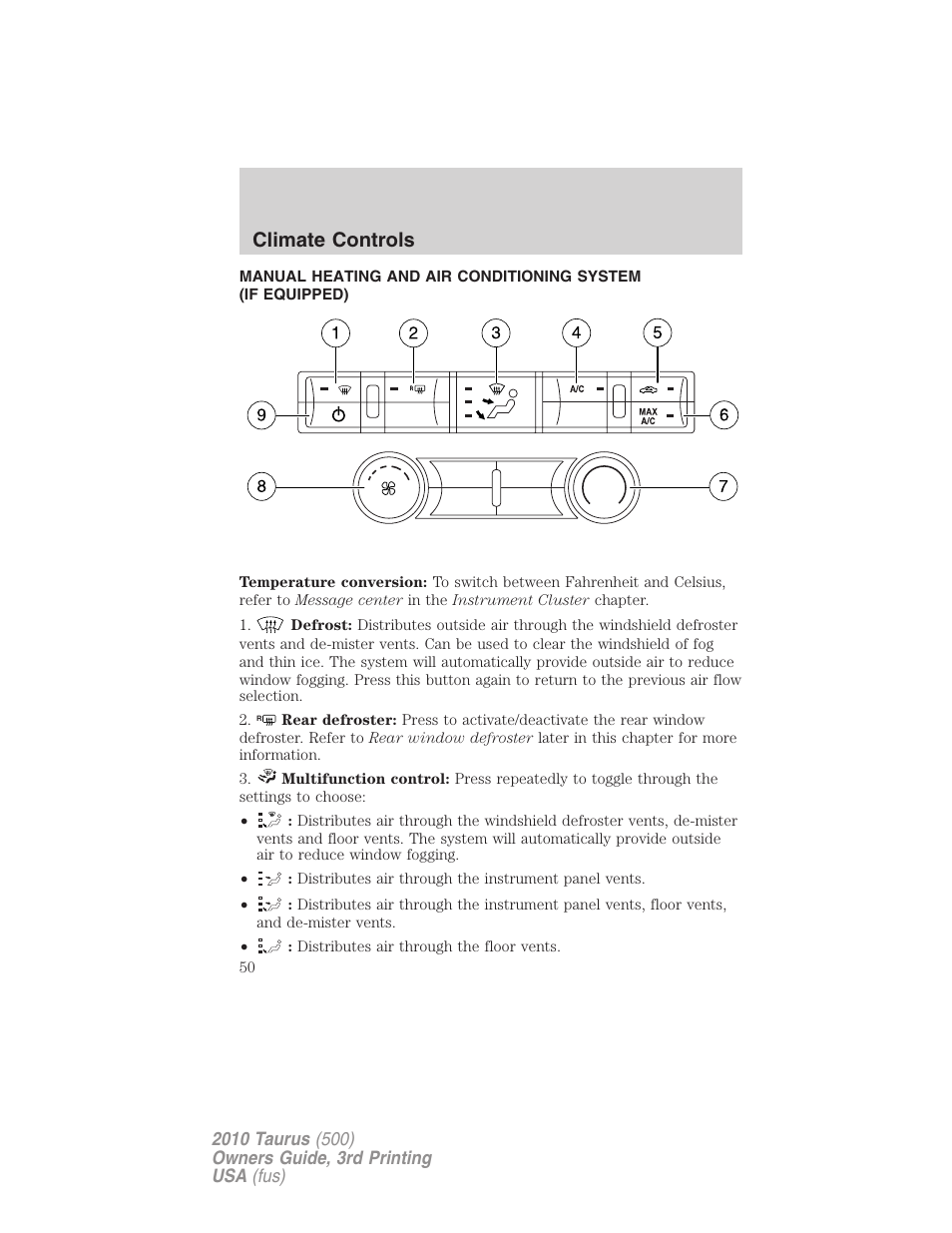 Climate controls, Manual heating and air conditioning | FORD 2010 Taurus v.3 User Manual | Page 50 / 388