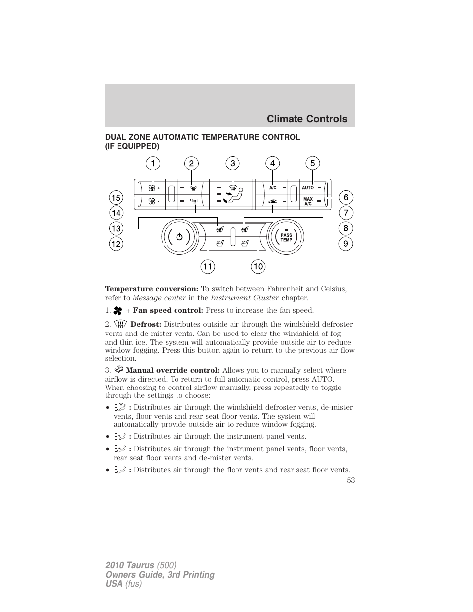 Dual electronic automatic temperature control, Climate controls | FORD 2010 Taurus v.3 User Manual | Page 53 / 388