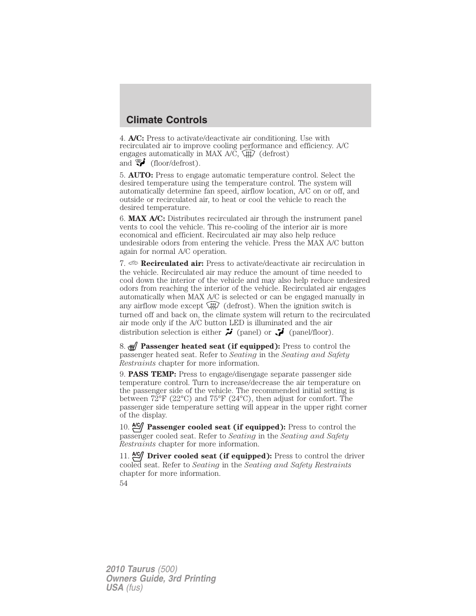 Climate controls | FORD 2010 Taurus v.3 User Manual | Page 54 / 388