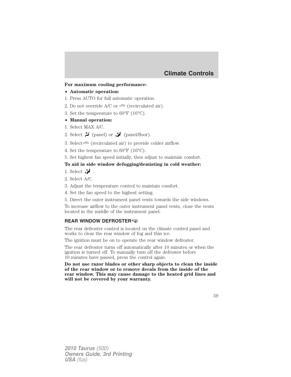 Rear window defroster, Climate controls | FORD 2010 Taurus v.3 User Manual | Page 59 / 388