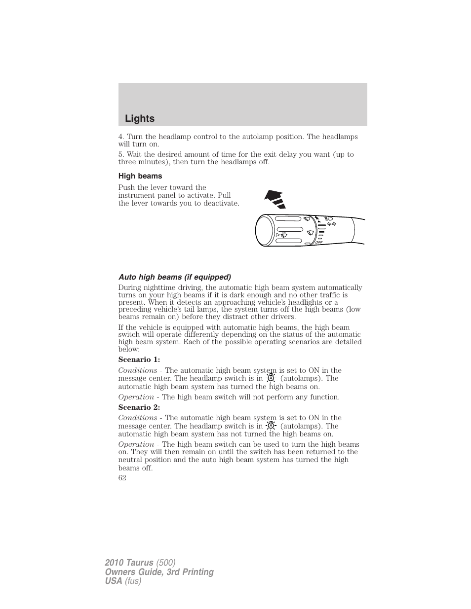 High beams, Auto high beams (if equipped), Lights | FORD 2010 Taurus v.3 User Manual | Page 62 / 388