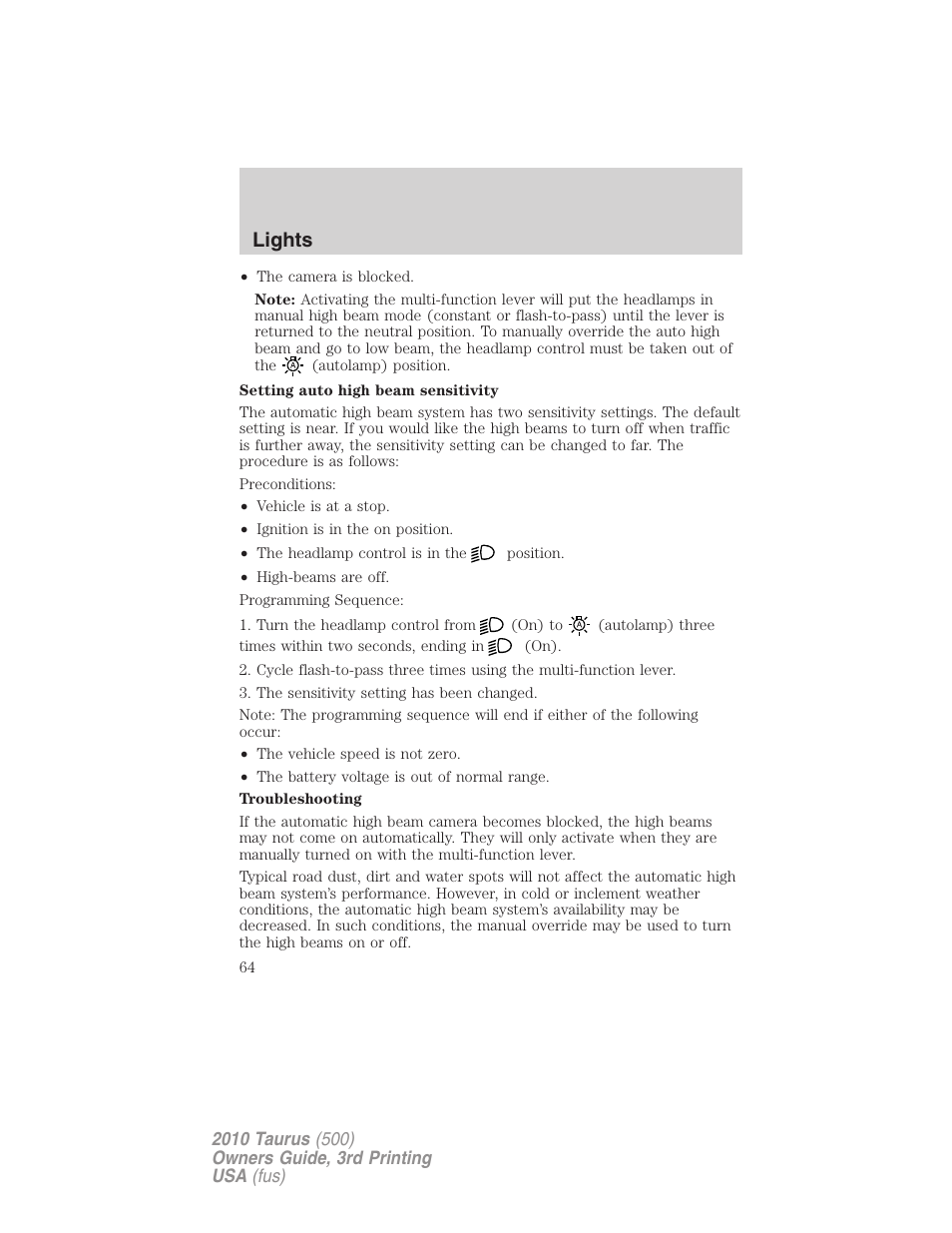 Lights | FORD 2010 Taurus v.3 User Manual | Page 64 / 388