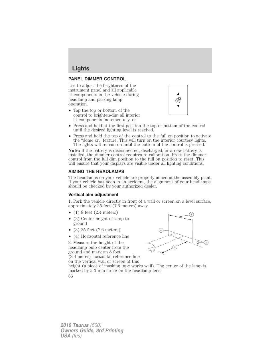Panel dimmer control, Aiming the headlamps, Vertical aim adjustment | Lights | FORD 2010 Taurus v.3 User Manual | Page 66 / 388
