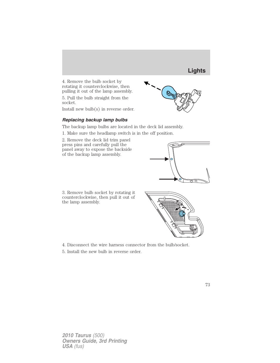 Replacing backup lamp bulbs, Lights | FORD 2010 Taurus v.3 User Manual | Page 73 / 388