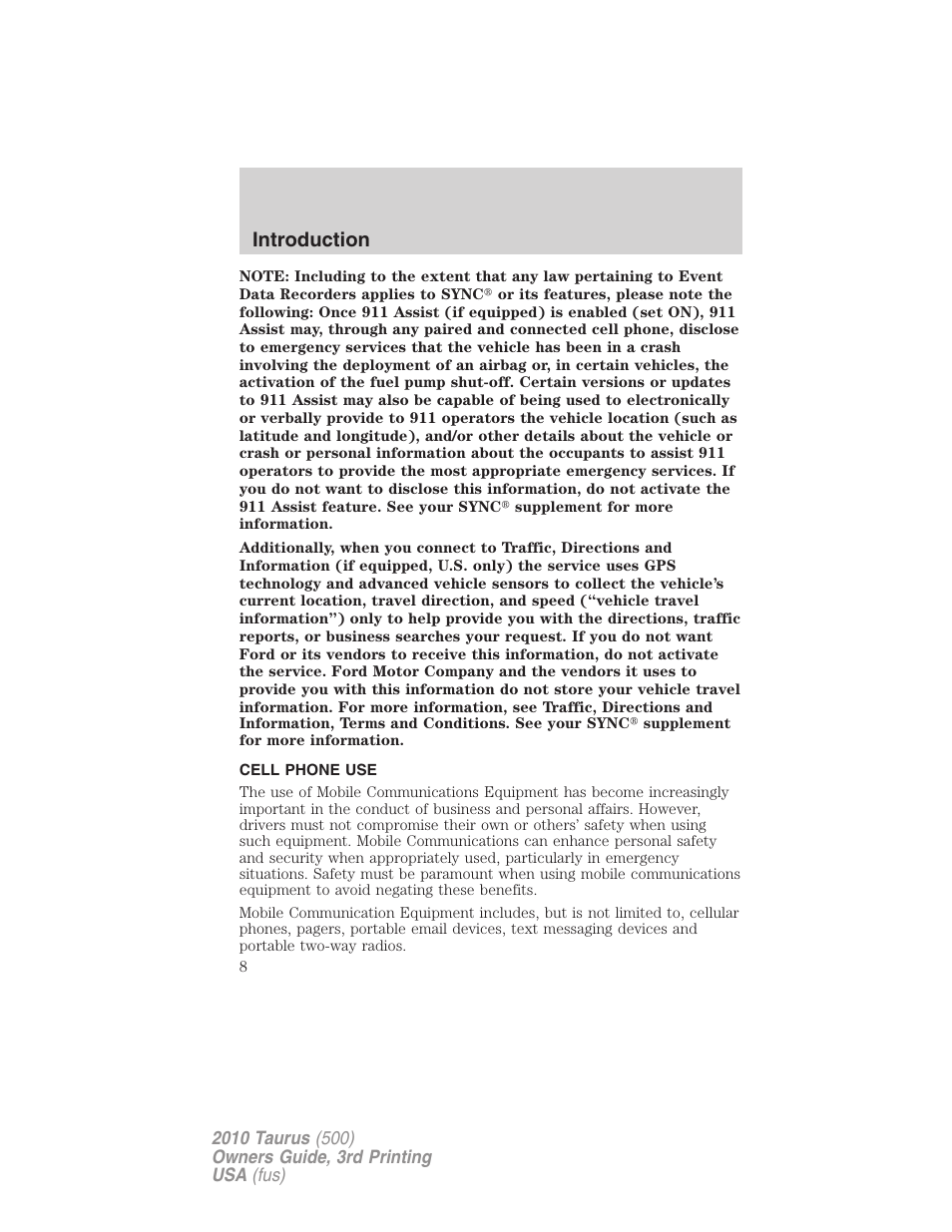 Cell phone use, Introduction | FORD 2010 Taurus v.3 User Manual | Page 8 / 388