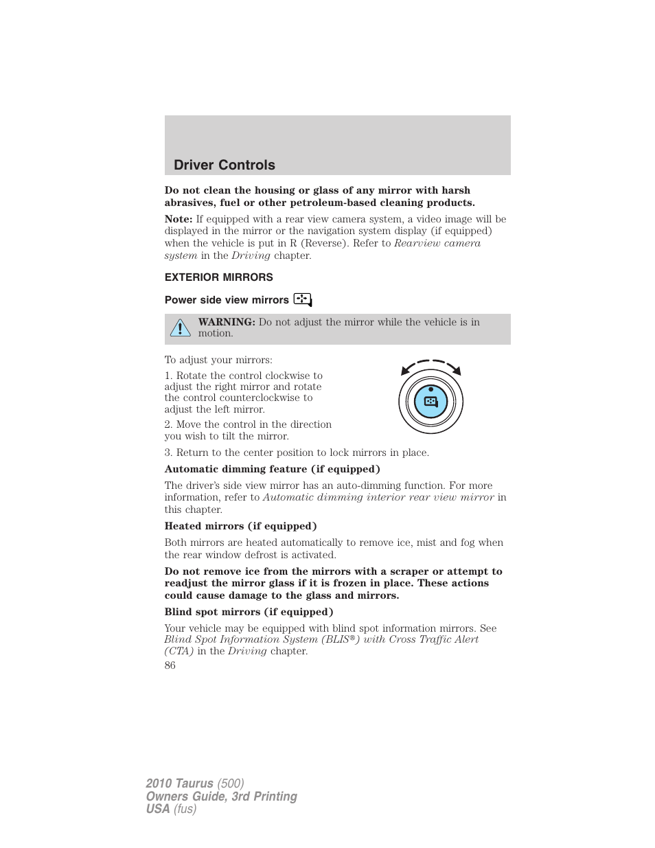 Exterior mirrors, Power side view mirrors, Driver controls | FORD 2010 Taurus v.3 User Manual | Page 86 / 388