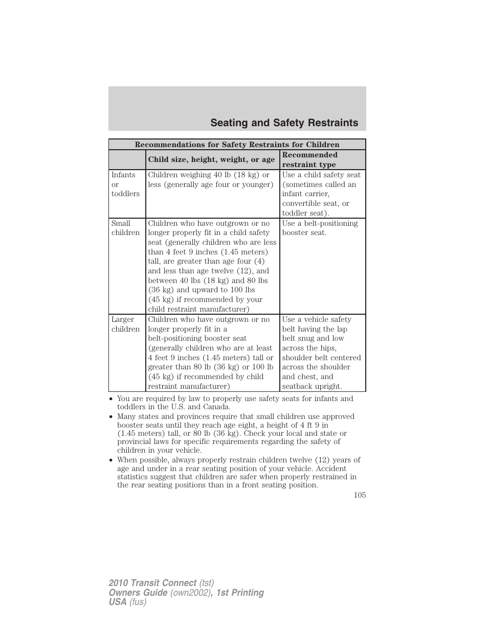 Seating and safety restraints | FORD 2010 Transit Connect v.1 User Manual | Page 105 / 259