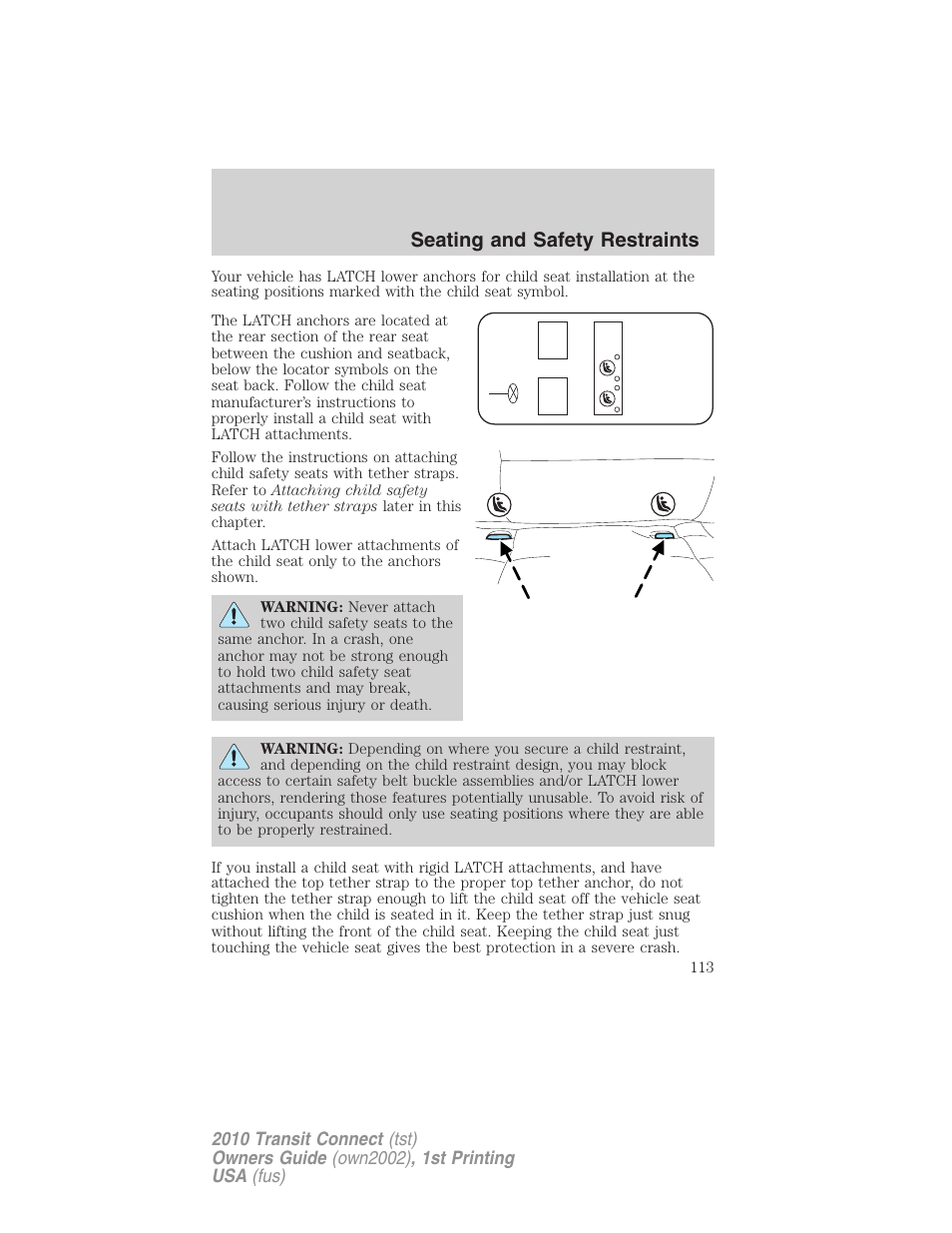 Seating and safety restraints | FORD 2010 Transit Connect v.1 User Manual | Page 113 / 259