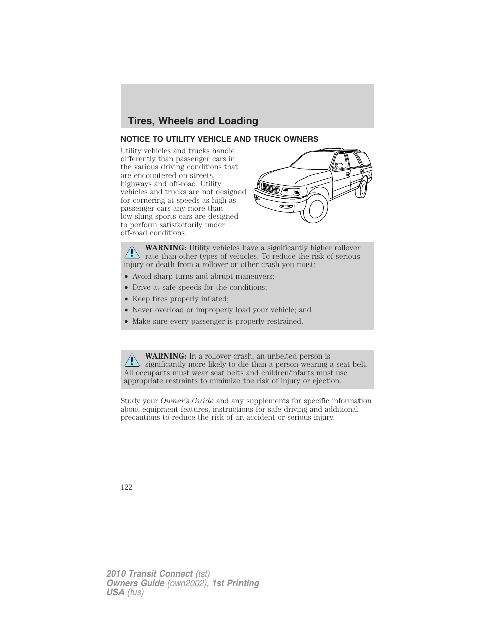 Tires, wheels and loading, Notice to utility vehicle and truck owners | FORD 2010 Transit Connect v.1 User Manual | Page 122 / 259