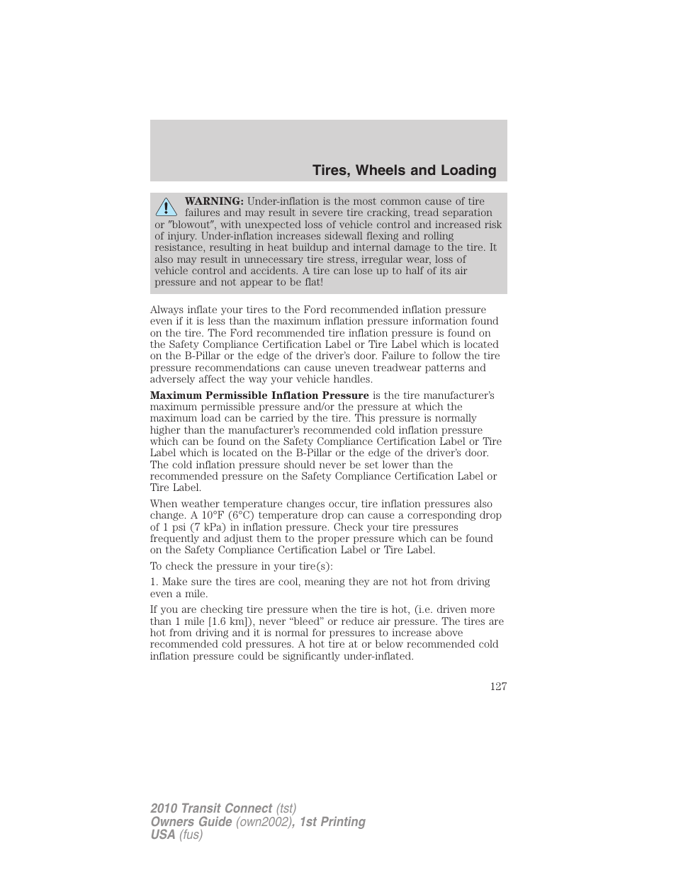 Tires, wheels and loading | FORD 2010 Transit Connect v.1 User Manual | Page 127 / 259