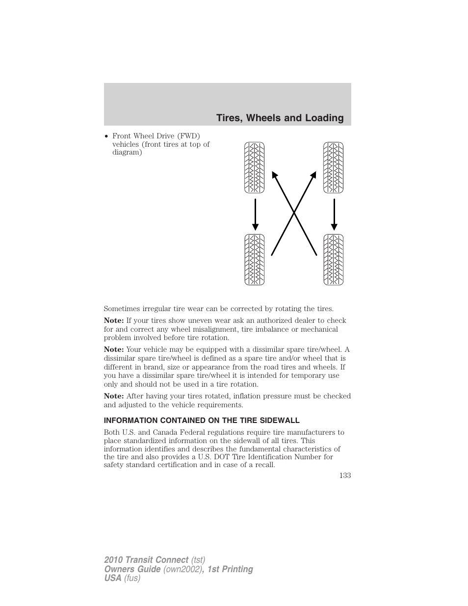 Information contained on the tire sidewall, Tires, wheels and loading | FORD 2010 Transit Connect v.1 User Manual | Page 133 / 259