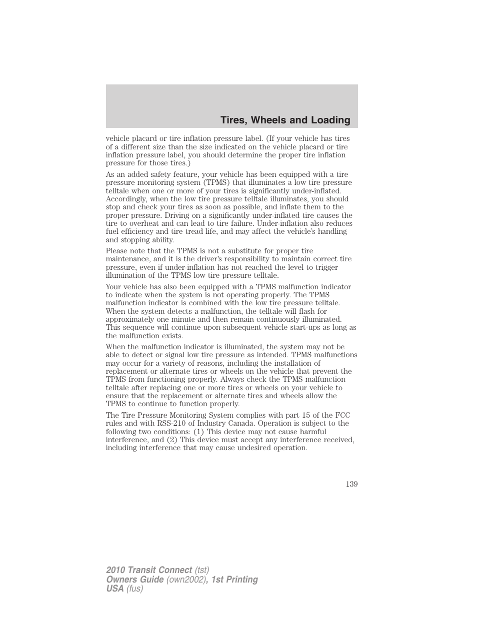 Tires, wheels and loading | FORD 2010 Transit Connect v.1 User Manual | Page 139 / 259
